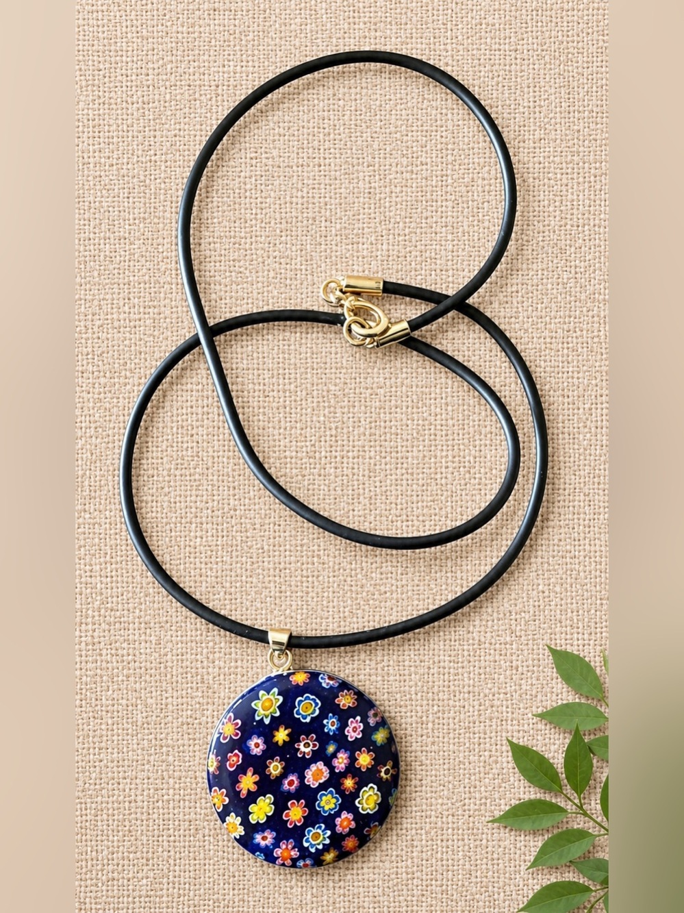 Blue Floral Pendant Necklace on Black Cord